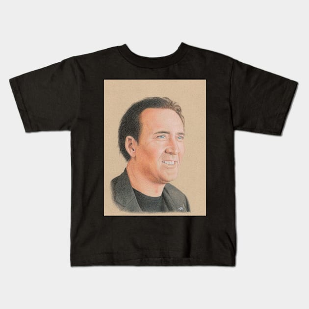 Nicolas Cage Pencil Portrait Kids T-Shirt by Sandra Warmerdam